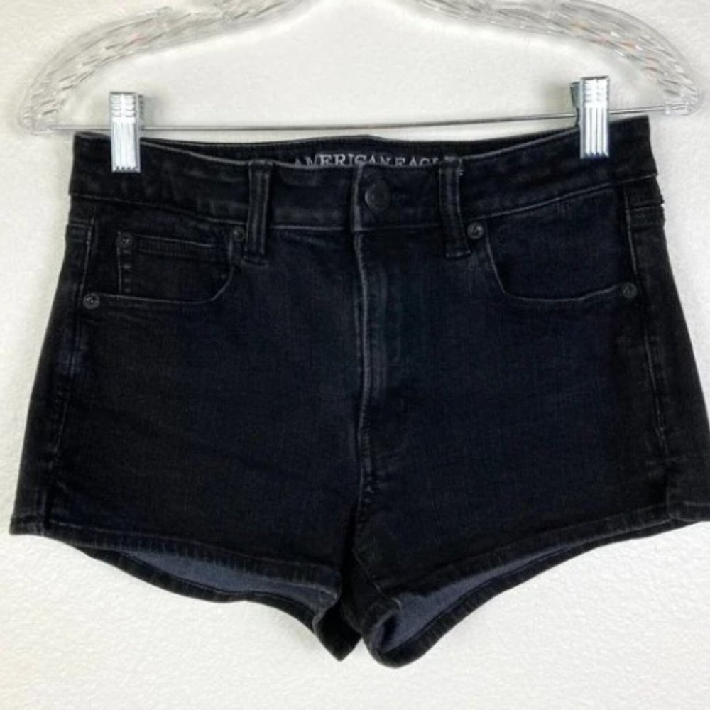 American Eagle 360 Degree Super Stretch Size 6 Black Hi Rise Shortie Jean Shorts